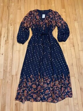 Floral Navy Midi Dress with Tie Waist XL